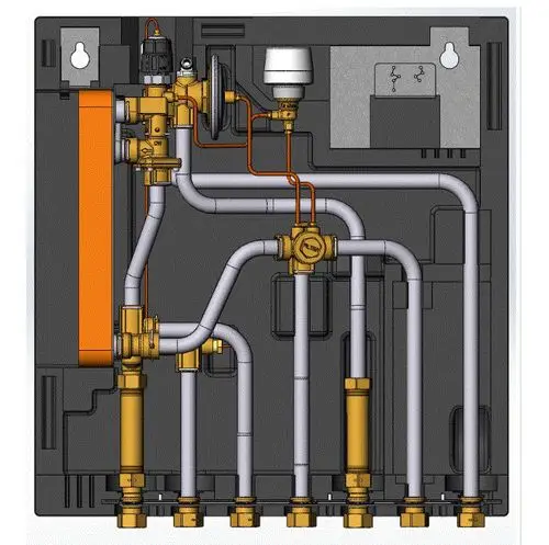 Wärmestation mit Rohrleitungsnetz und Anschlussventilen, hergestellt von Danfoss. Enthält verschiedene Elemente zur Regelung und Verteilung von Heizwasser.