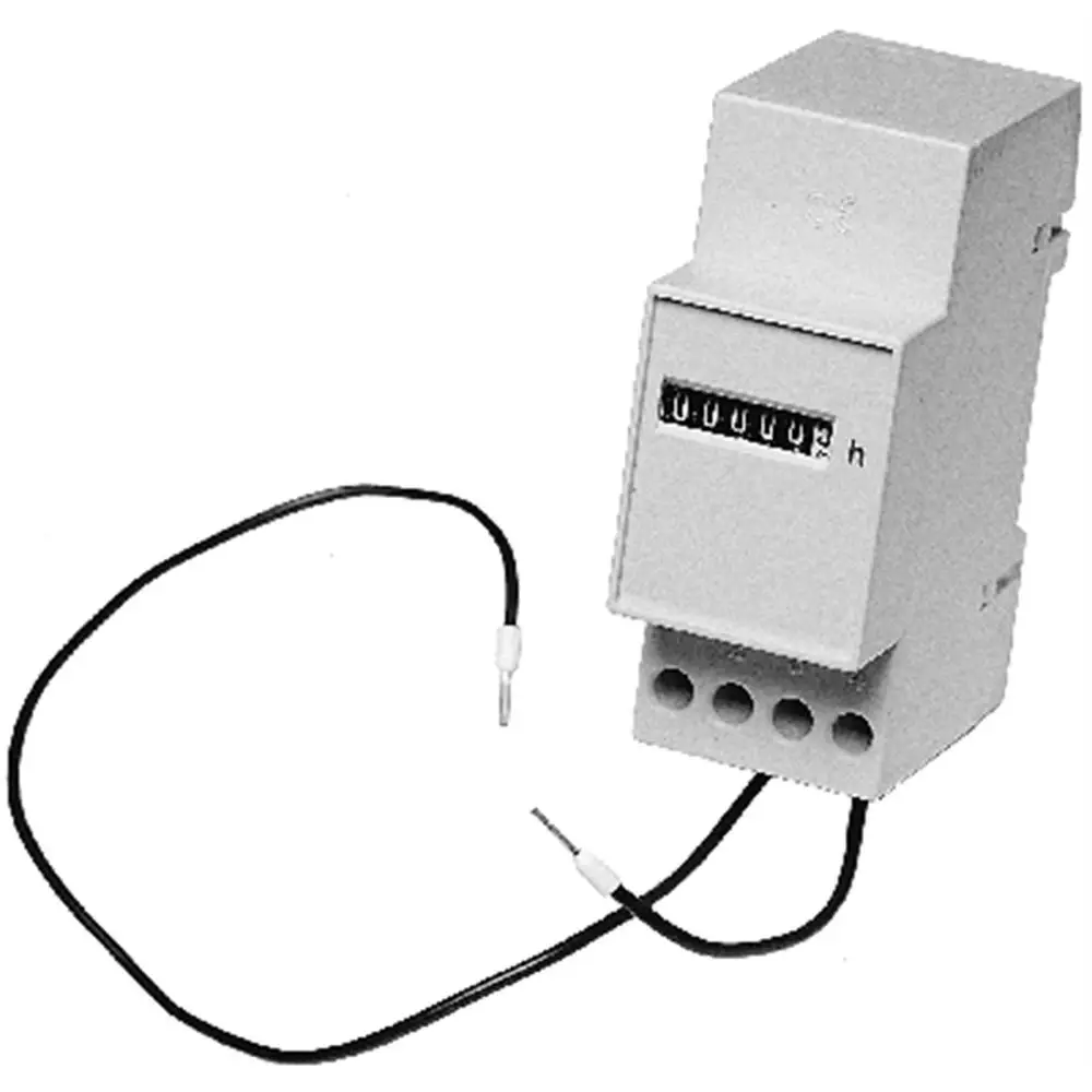 Betriebsstundenzähler von Grundfos, verpackt in einem grauen Gehäuse mit Anzeige und Kabel für elektrische Anschlüsse, geeignet für Schmutz- und Abwasserpumpen.