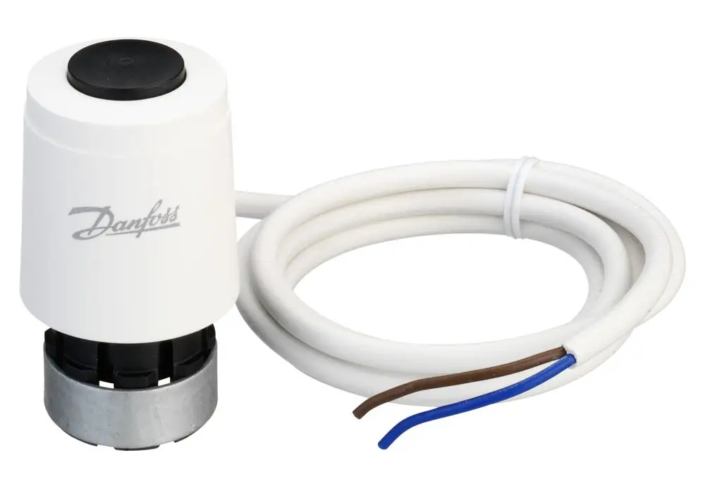 Weißer Stellantrieb mit Anschlusskabel, designed für Danfoss RAVL Gehäuse. Das Kabel hat braune und blaue Adern. Oben befindet sich ein Drückknopf.