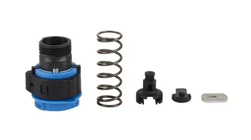 Danfoss-Produkt mit mehreren Komponenten, darunter ein zylindrischer Körper, eine Metallfeder und kleine Verbindungselemente, die für die Regelung des Drucks verwendet werden.