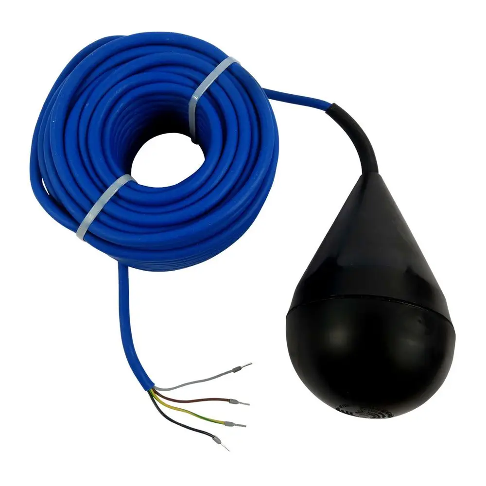 Schwimmerschalter mit schwarzem Gehäuse und blauem Kabel, ausgestattet mit mehreren Anschlussdrähten, hergestellt von Grundfos für den Einsatz in Abwasserpumpenanwendungen.