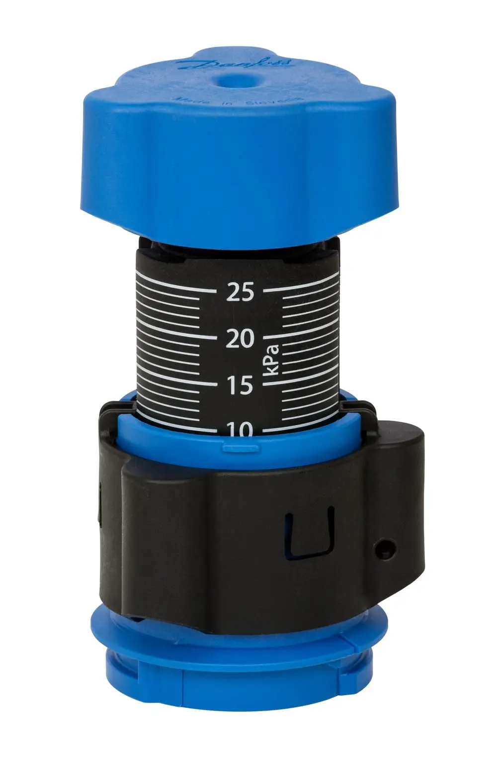 Blaues Einstellrad mit Druckskala in kPa, montiert auf einem schwarzen Gehäuse. Produkt von Danfoss, dient zur Druckeinstellung in Anlagen.