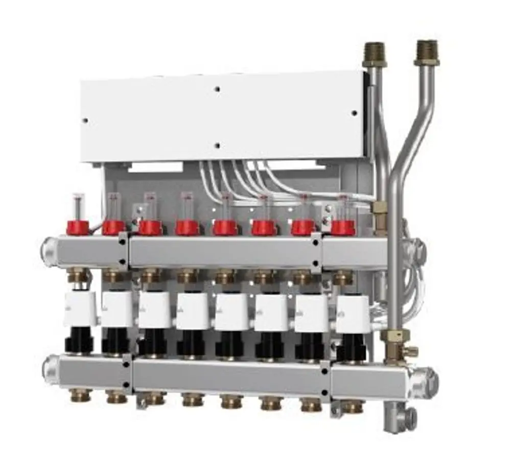Heizkreisverteiler mit mehreren Anschlussmöglichkeiten, höchstwahrscheinlich von Danfoss. Sichtbare rote und schwarze Komponenten sowie Leitungen zur Temperaturregulierung.