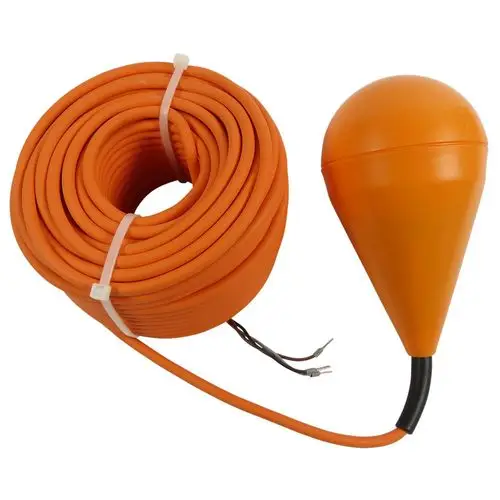 Oranger Schwimmerschalter mit Kabel für den Einsatz bei Schmutz- und Abwasserpumpen von Grundfos. Kabellänge und Anbringungsteile sind sichtbar.