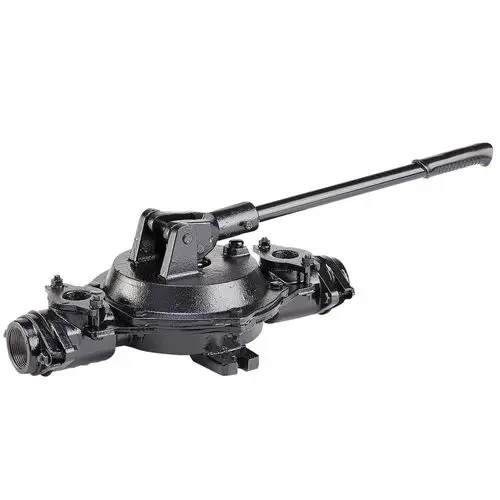 Handmembranpumpe von Grundfos mit Hebelmechanismus, schwarzer Oberfläche und mehreren Anschlussöffnungen. Eignet sich für Anwendungen im Bereich Hebeanlagen.