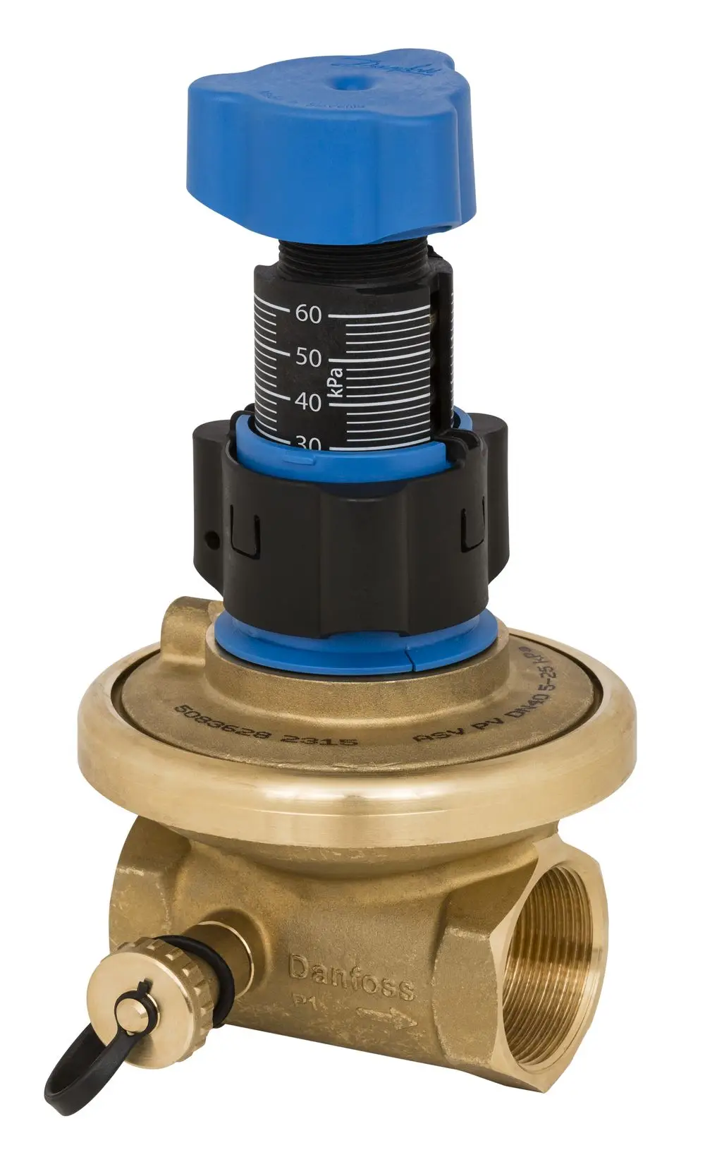 Danfoss Druckregler mit einer schwarzen Skala und einem blauen Einstellknopf. Anschluss mit Gewinde ist sichtbar, mit metallischer Bauweise und einem Sicherungsring.