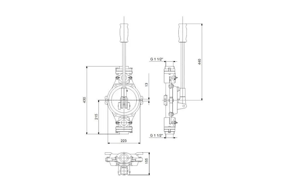 Schemagrafik einer Handmembranpumpe von Grundfos mit angegebenen Maßen. Darstellung aus verschiedenen Perspektiven, einschließlich der Anschlussdetails und Hebelmechanik.