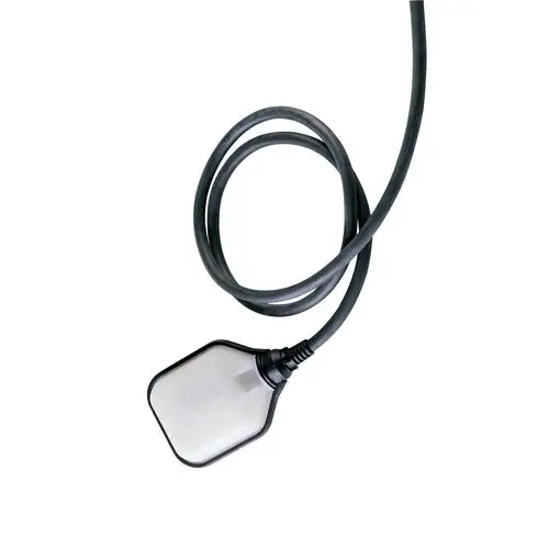 Grundfos Zubehör mit einer rechteckigen schwimmenden Pumpe und einem flexiblen Kabel, das coiled ist. Die Leitungslänge scheint 10 Meter zu betragen.
