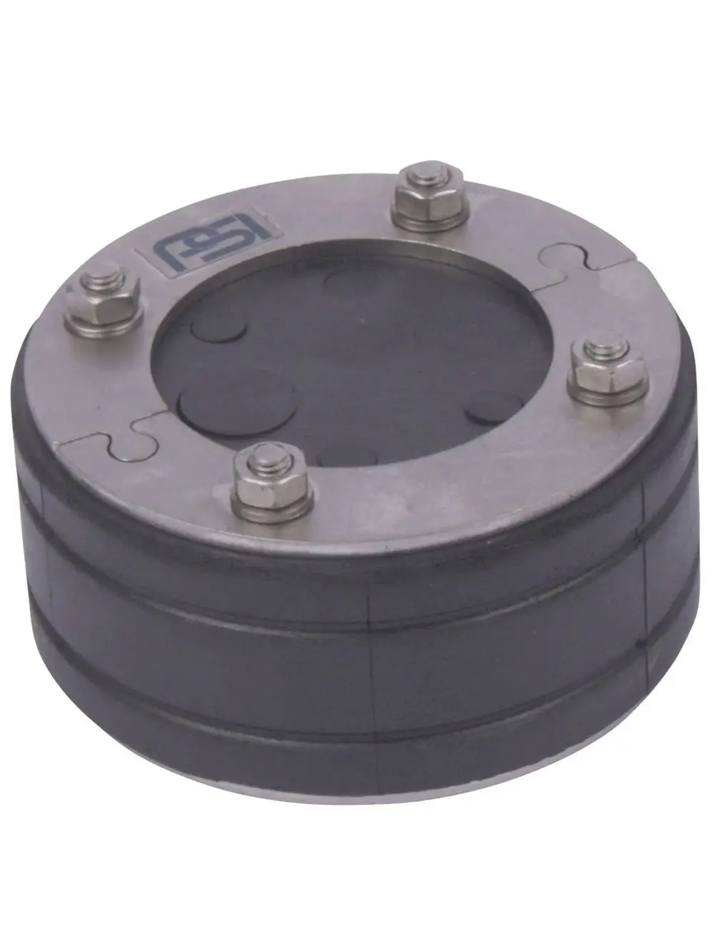 Runder Kabeldurchführungsteil aus Metall und schwarzem Kunststoff, mit Schrauben zur Befestigung, geeignet für Abwassersysteme von Grundfos.