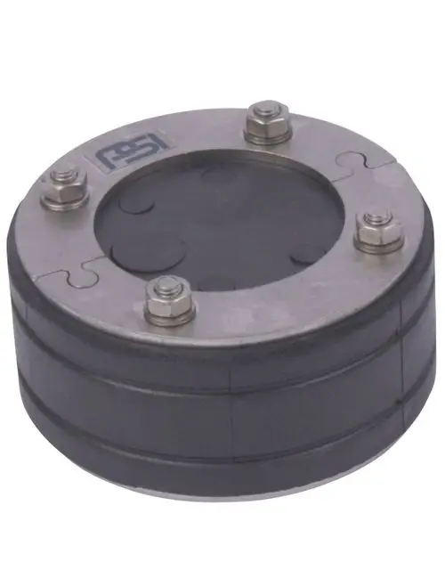Runder Kabeldurchführungsteil aus Metall und schwarzem Kunststoff, mit Schrauben zur Befestigung, geeignet für Abwassersysteme von Grundfos.