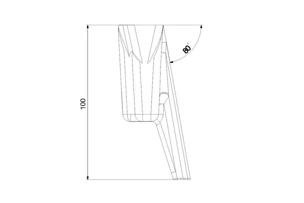Zeichnung eines Zubehörteils von Grundfos für Schmutz- und Abwasserpumpen, mit angedeuteten Füßen und einem 80° Neigungswinkel. Maße lediglich schematisch dargestellt.