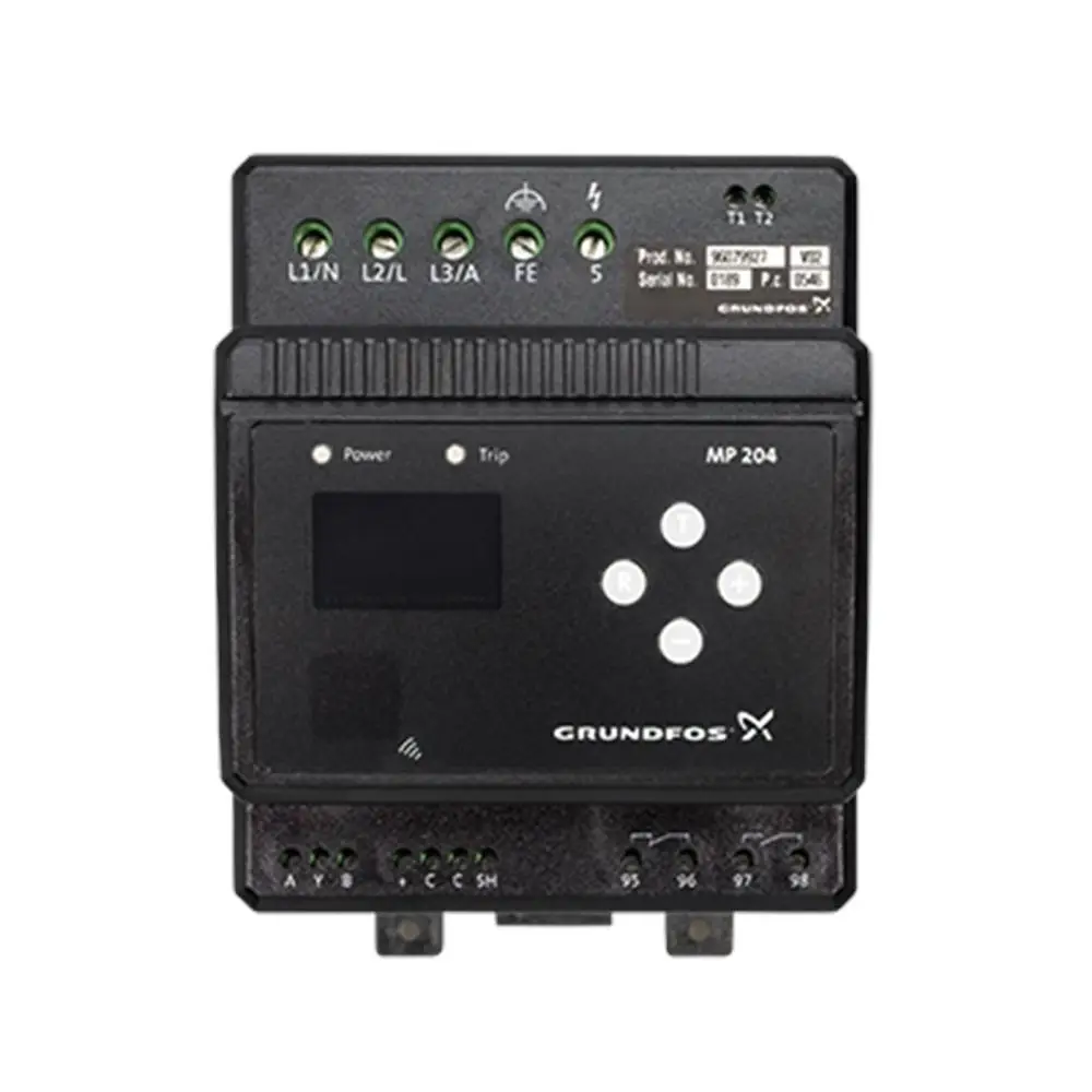 Grundfos MP 204 Steuergerät mit mehreren Anschlussklemmen, Display und Tasten, geeignet für den Schaltschrankeinbau.