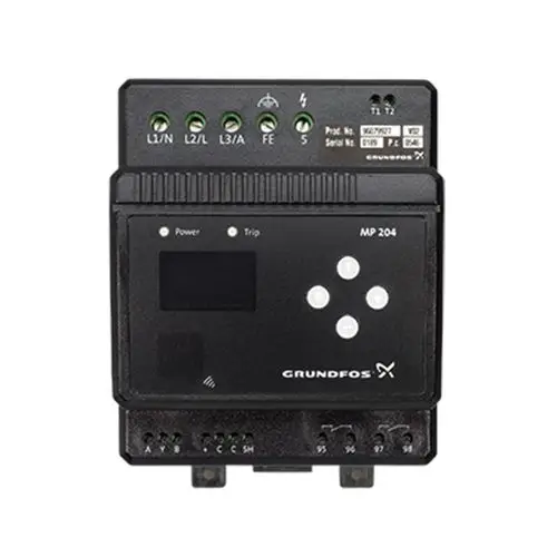 Grundfos MP 204 Steuergerät mit mehreren Anschlussklemmen, Display und Tasten, geeignet für den Schaltschrankeinbau.