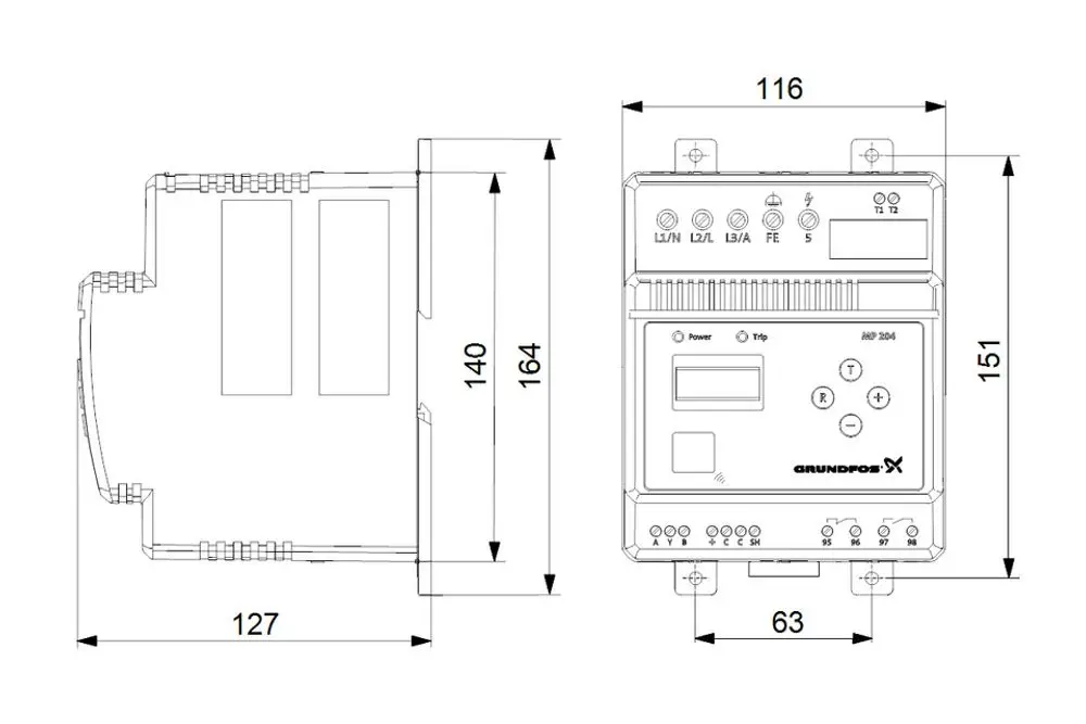 Steuergerät von Grundfos, geeignet für den Schaltschrank-Einbau, mit verschiedenen Anschlussmöglichkeiten und Bedienfeld zur Steuerung und Regelung.