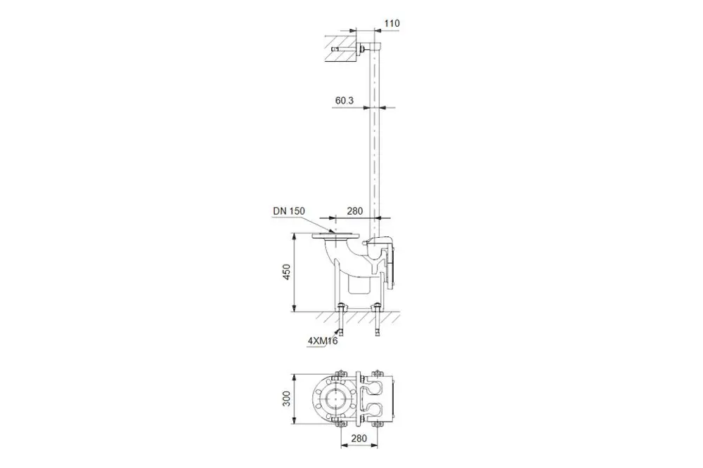 Schematische Darstellung eines Kupplungsfußkrümmers von Grundfos für Schmutz- und Abwasserpumpen, mit Maßangaben und Anschlüssen.