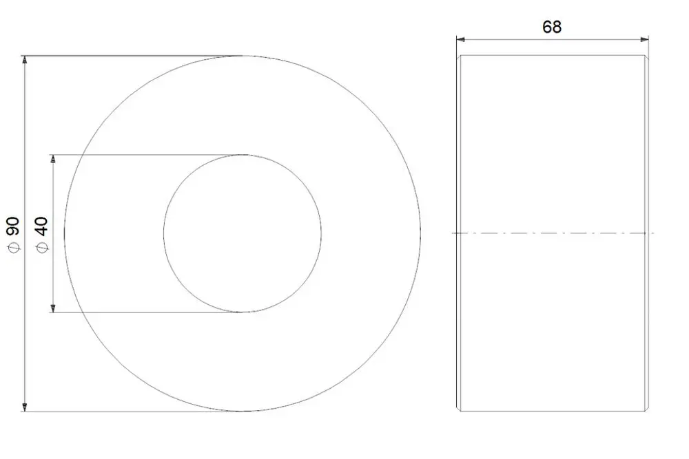 Grundfos Zubehörteil in Form eines Ringes mit innerer Bohrung. Durchmesser 90 mm, Breite 40 mm, linke Ansicht und rechte Seitenansicht dargestellt.