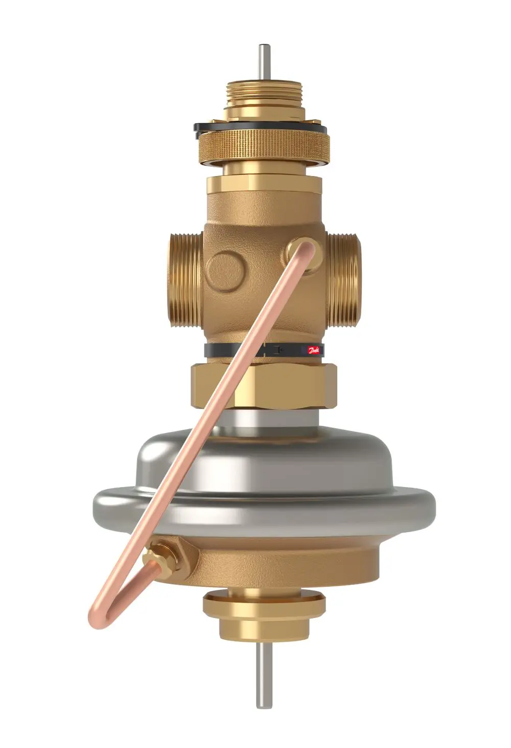 Danfoss-Volumenstromregler mit zwei Anschlussgewinden, einer Membran und einer Verbindungslinie, montiert auf einer stabilen Basis aus Metall mit einer glatten Oberfläche.