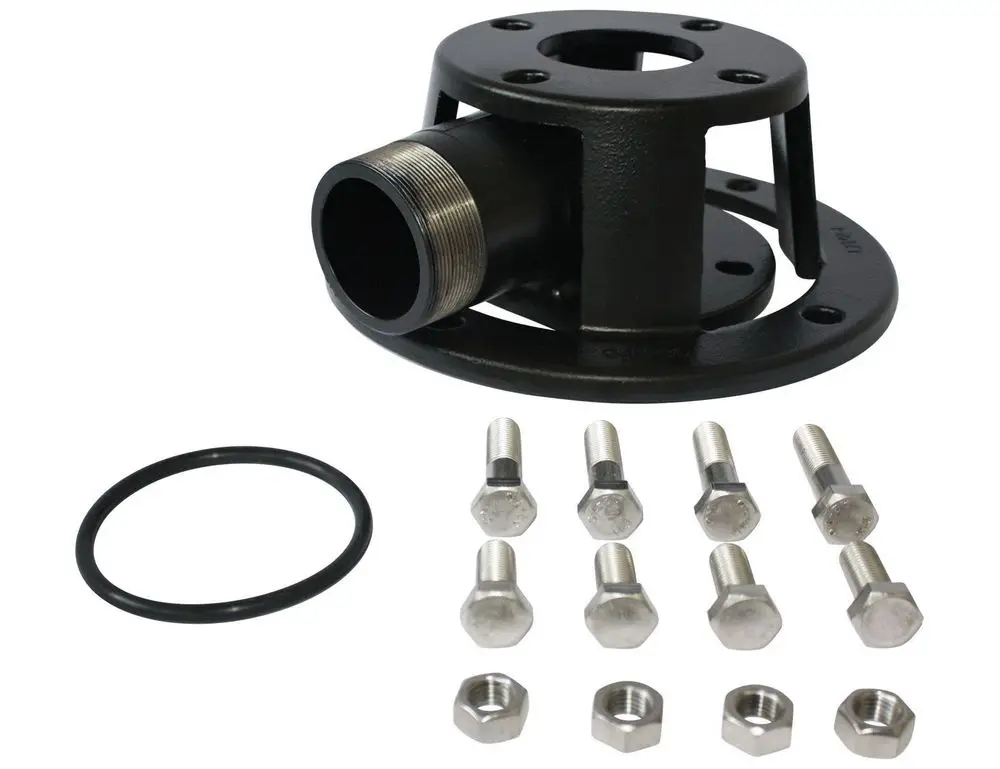 Bodenstützring von Grundfos mit Gewinde, umgeben von Schrauben und Unterlegscheiben, für den Einsatz in Schmutz- oder Abwasserpumpen.