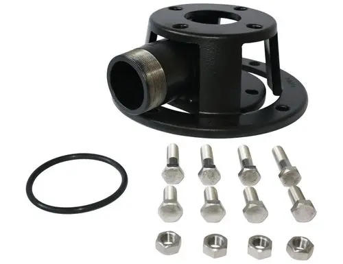 Bodenstützring von Grundfos mit Gewinde, umgeben von Schrauben und Unterlegscheiben, für den Einsatz in Schmutz- oder Abwasserpumpen.