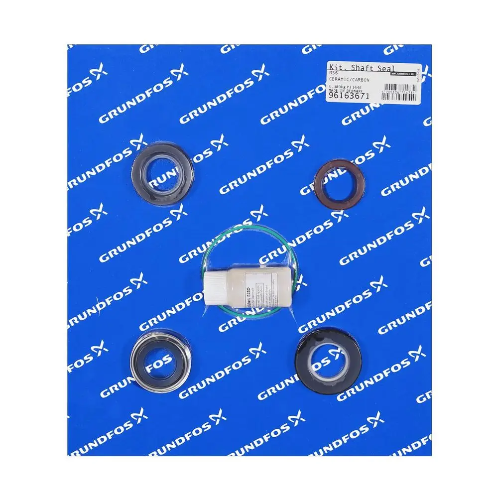 Grundfos Ersatzteilset mit verschiedenen Dichtungen und einem kleinen Behälter, angeordnet auf einer blauen Unterlage mit Grundfos-Logo.