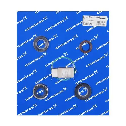 Grundfos Ersatzteilset mit verschiedenen Dichtungen und einem kleinen Behälter, angeordnet auf einer blauen Unterlage mit Grundfos-Logo.