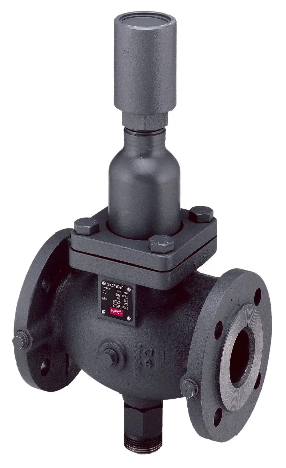 Durchgangsventil von Danfoss, in robustem Schwarz, mit einem oberen Anschluss und flanschartigen Verbindungsstellen. Geignet für industrielle Anwendungen.