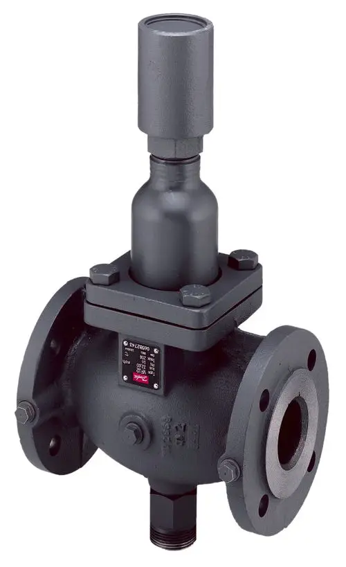 Durchgangsventil von Danfoss, in robustem Schwarz, mit einem oberen Anschluss und flanschartigen Verbindungsstellen. Geignet für industrielle Anwendungen.