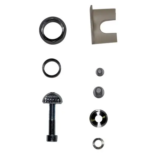 Ersatzteil-Kit von Grundfos mit verschiedenen Metall- und Kunststoffteilen, darunter eine Schraube, Unterlegscheiben und eine Halterung, für die Montage und Instandhaltung.