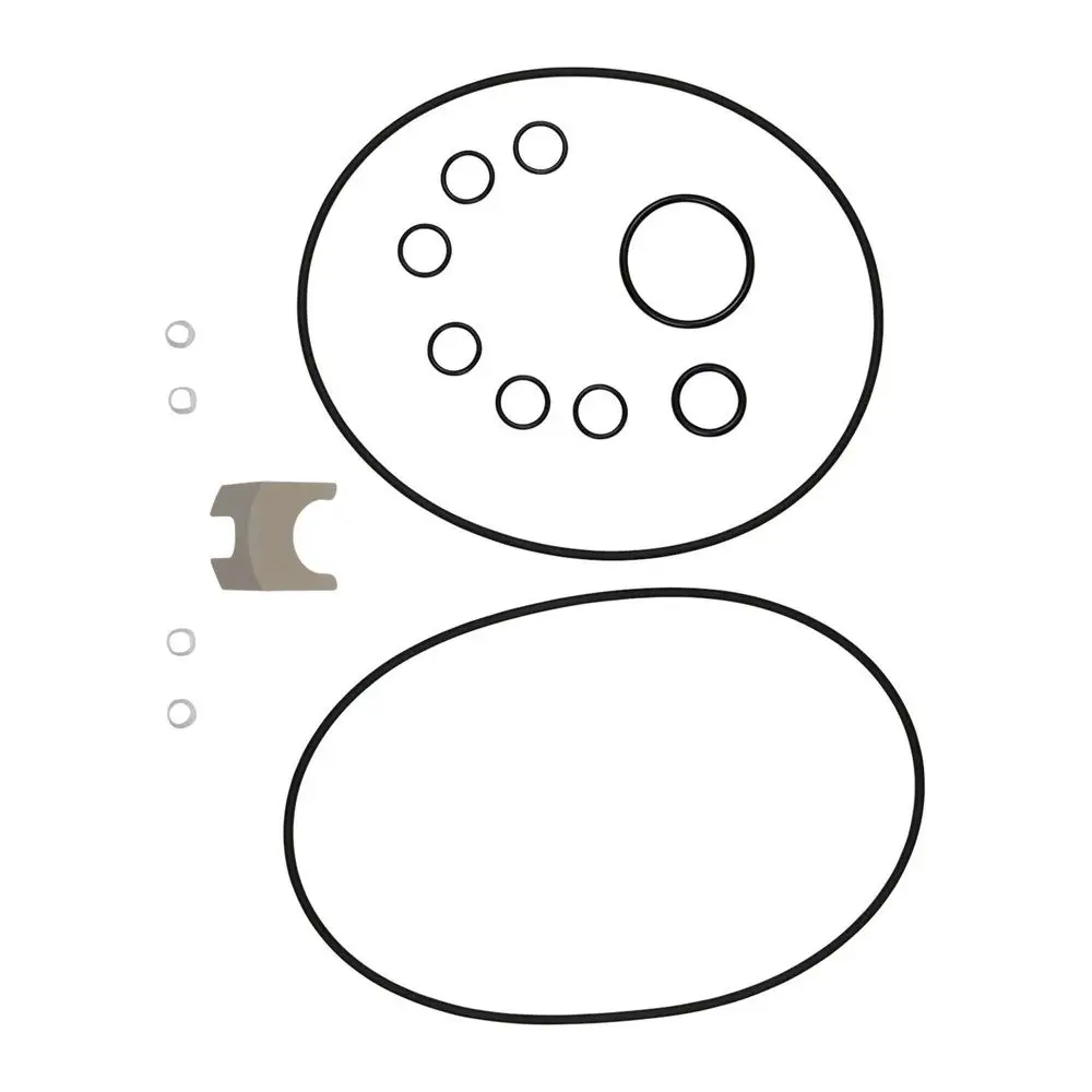 Ersatzteil-Kit von Grundfos mit verschiedenen O-Ringen in unterschiedlichen Größen und einer Halterung, angeordnet auf weißem Hintergrund.