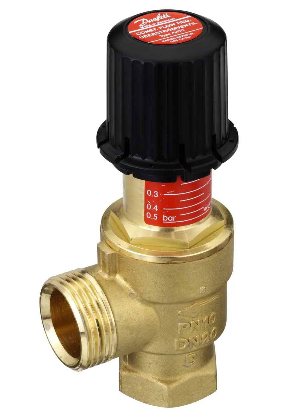 Danfoss Überströmventil in Messing mit schwarzem Verstellknopf zur Regulierung des Durchflusses, gekennzeichnet mit Maßstab für Druck in bar.