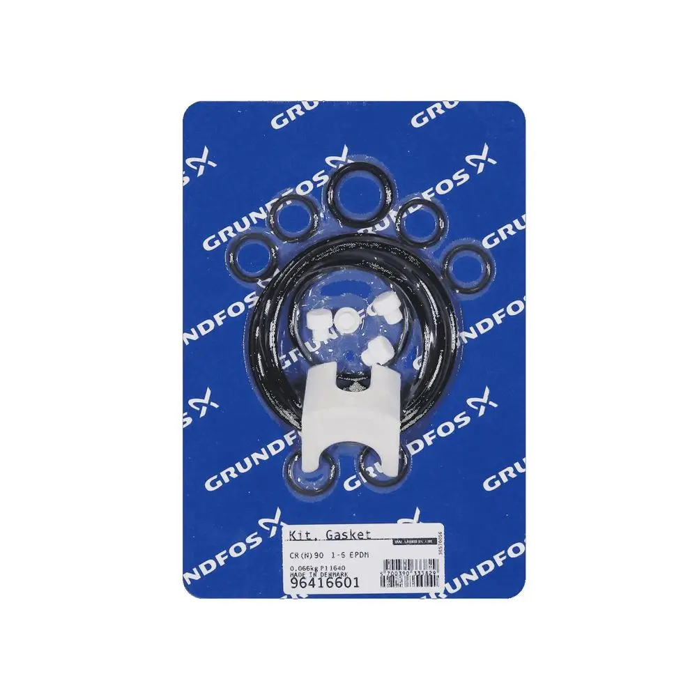 Grundfos Dichtungskit mit mehreren O-Ringen und einem weißen Kunststoffteil auf blauer Verpackung mit Markenlogo und Artikelnummer.