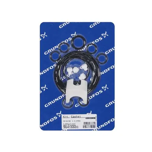 Grundfos Dichtungskit mit mehreren O-Ringen und einem weißen Kunststoffteil auf blauer Verpackung mit Markenlogo und Artikelnummer.