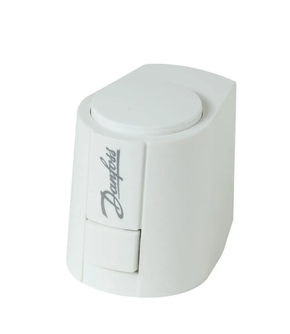 Weißer Stellantrieb mit Logo von Danfoss, rechteckige Form mit runder Oberseite und seitlichem Schaltknopf.