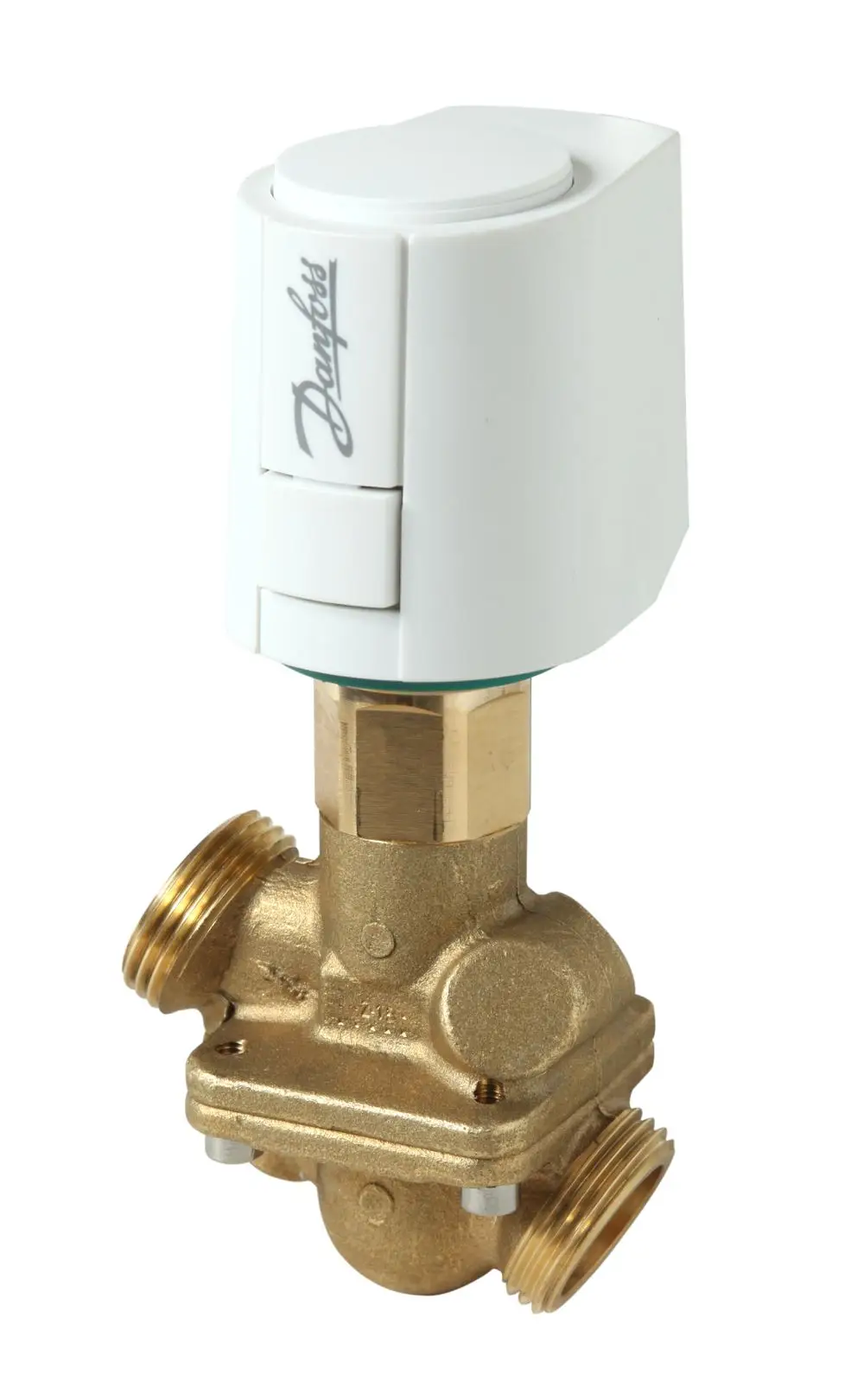 Stellantrieb von Danfoss mit einem weißen Korpus und einem goldenen Ventil, ausgestattet mit zwei Gewindeanschlüssen.