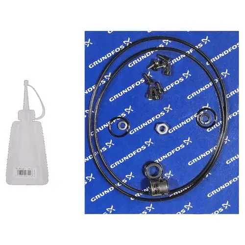 Ersatzteil-Kit von Grundfos, bestehend aus mehreren metallischen und gummierten Komponenten sowie einer weißen Flasche für die Anwendung.