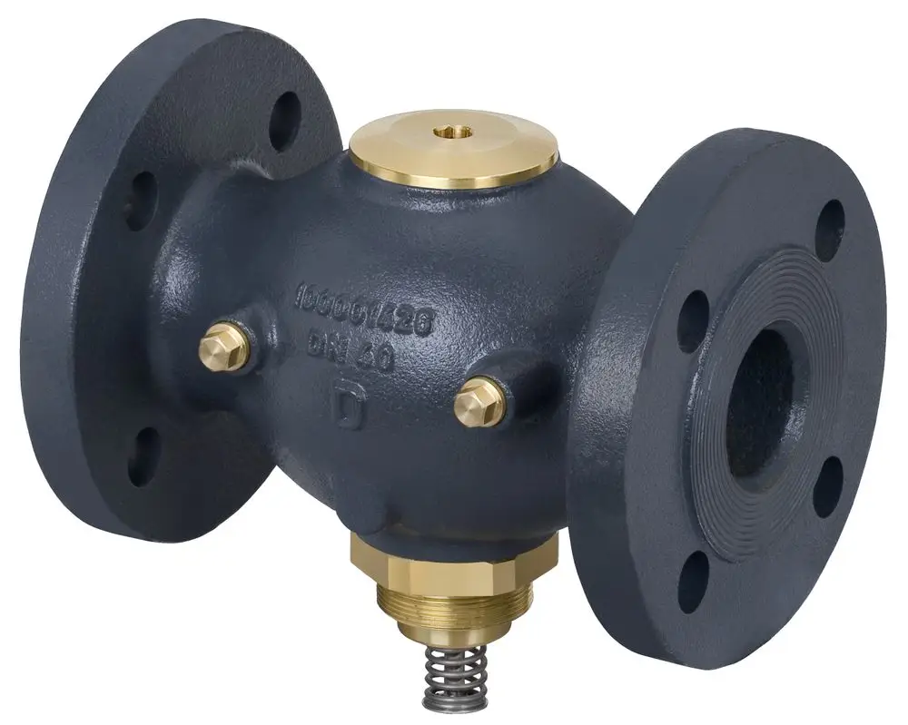 Durchgangsventil von Danfoss mit Flanschen, einer runden Bauform und Messingkomponenten, zur Regelung von Durchfluss und Druck.