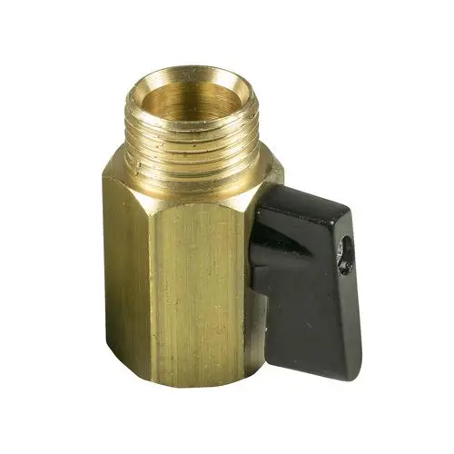 Brass valve with a black handle, designed for controlling flow, suitable for Grundfos circulation pumps. Hexagonal body with threaded connection.