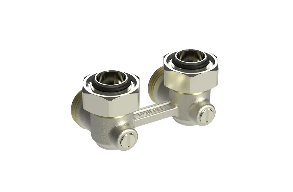 Universalverschraubung von Danfoss mit zwei Anschlüssen, für Heizkörperventile geeignet. Metallische Bauweise, inklusive Dichtungen und Gewindeanschlüssen.
