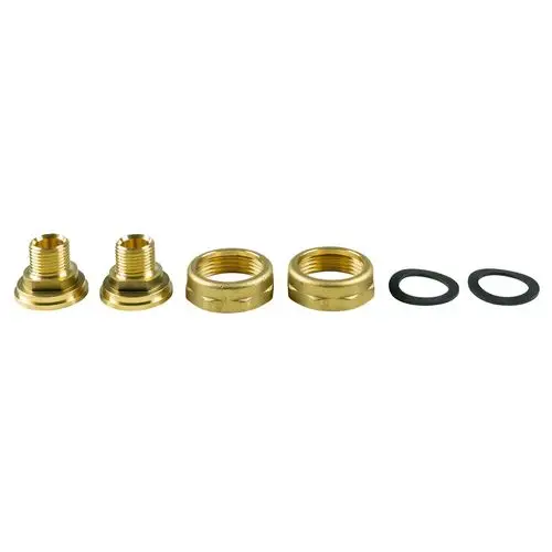 Zubehör von Grundfos für Zirkulationspumpen, bestehend aus mehreren Lötverschraubungen und O-Ringen, präsentiert in goldfarbener Ausführung.