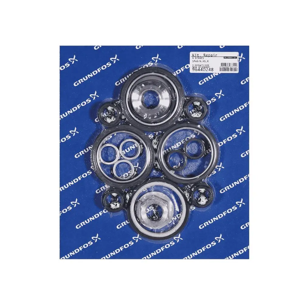 Ersatzteil-Kit von Grundfos, bestehend aus verschiedenen Dichtungen und Verschleißteilen, auf blauer Verpackung.