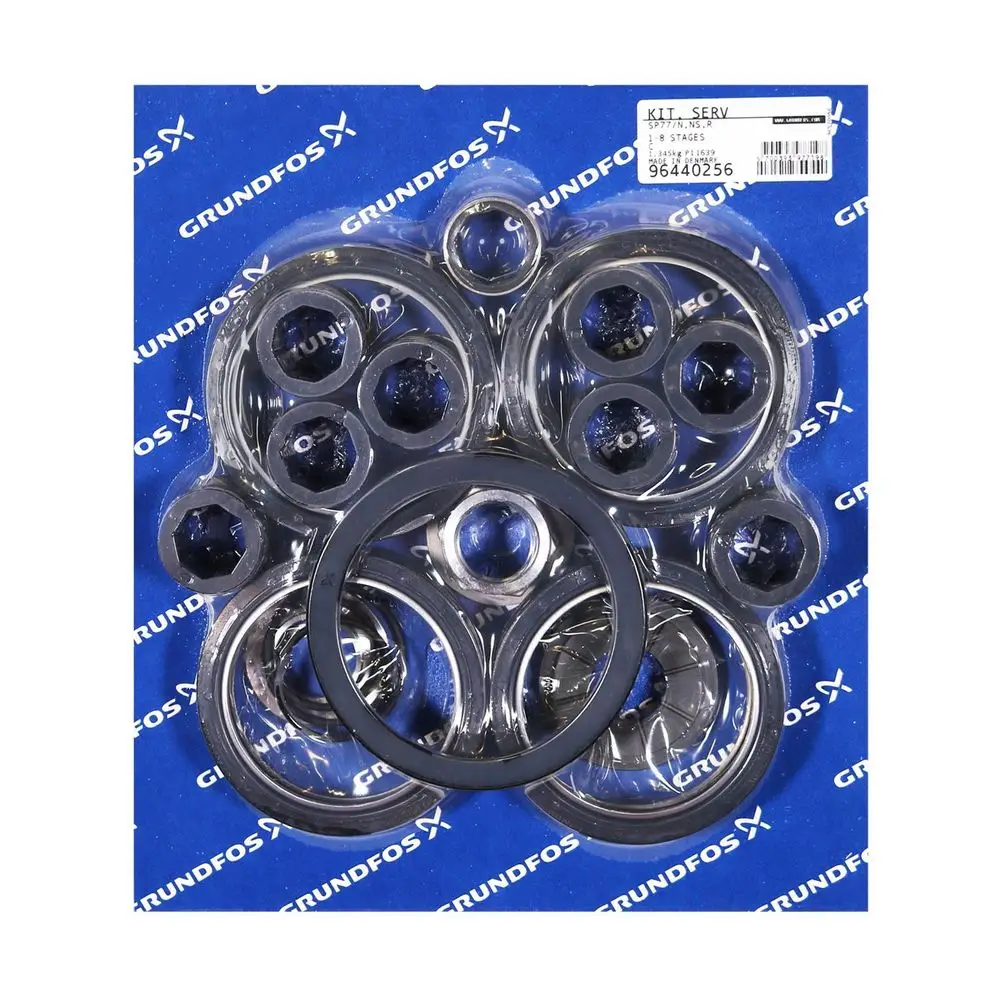 Set mit verschiedenen Dichtungen und Ringen, präsentiert auf blauer Grundfos-Karte, geeignet für Wartungs- und Reparaturarbeiten.