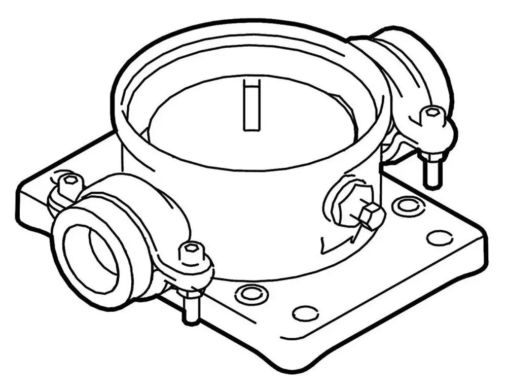 Zeichnung eines Union Adapters für vertikale Kreiselpumpen von Grundfos, mit Rundkörper und Anschlussklemmen. Keine spezifischen Maße oder Produktbezeichnungen sichtbar.
