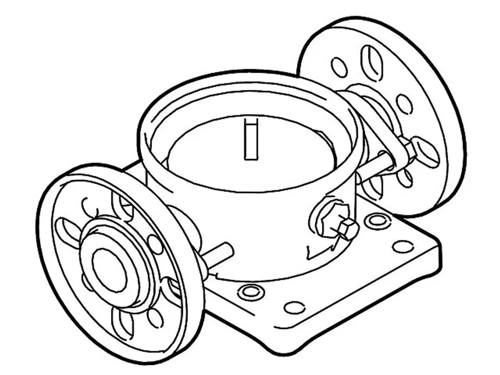 Zeichnung eines Grundfos Zubehörs mit zwei Flanschen, einer zentralen Kammer und verschiedenen Anschlüssen. Das Design zeigt die typischen Merkmale eines Pumpen-Zubehörteils.