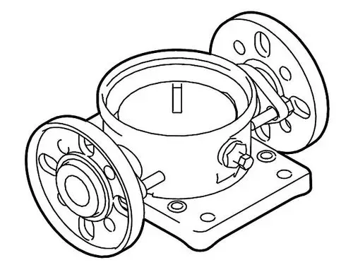 Zeichnung eines Grundfos Zubehörs mit zwei Flanschen, einer zentralen Kammer und verschiedenen Anschlüssen. Das Design zeigt die typischen Merkmale eines Pumpen-Zubehörteils.