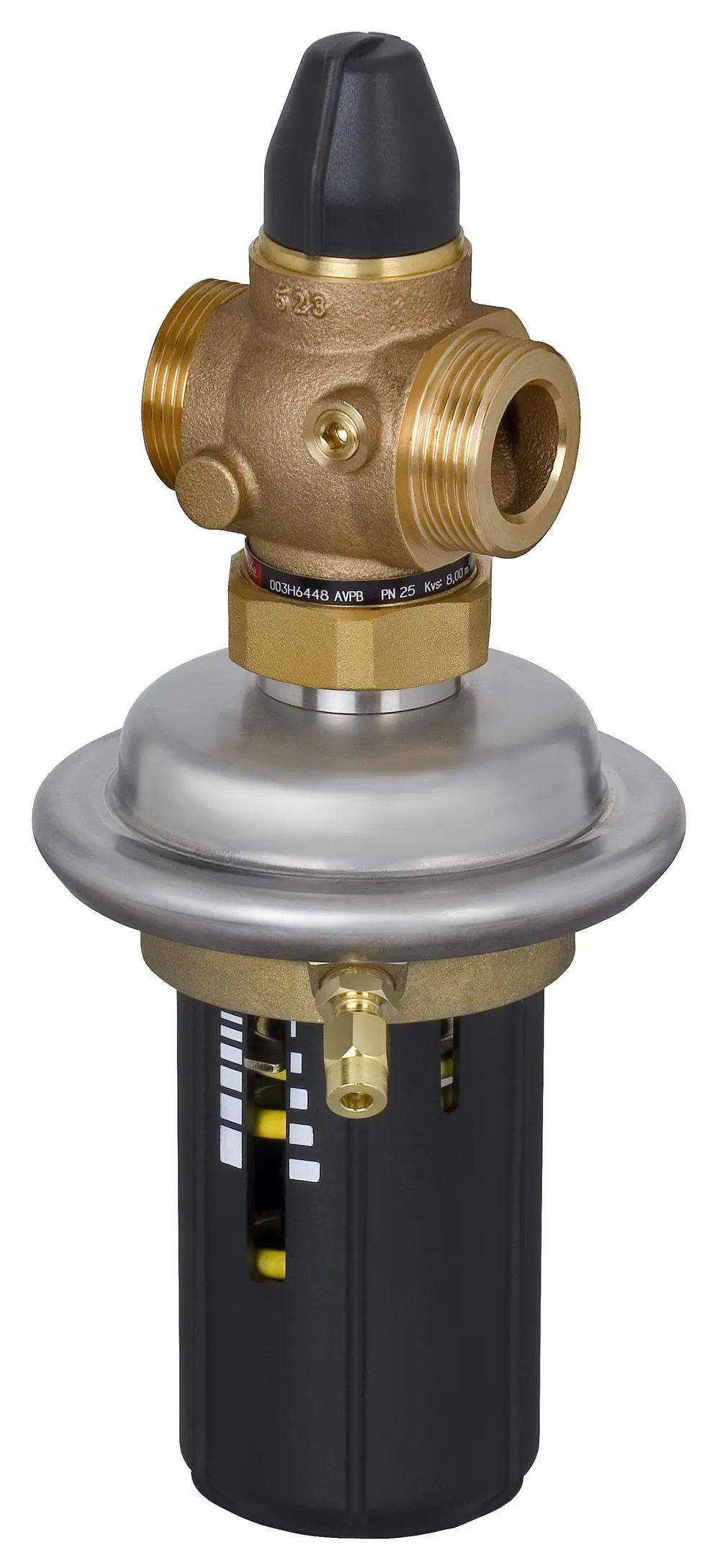 Danfoss-Druckregler mit mehreren Anschlüssen und Einstellknopf. Das Produkt ist in einer Kombination aus Metall und Kunststoff ausgeführt.