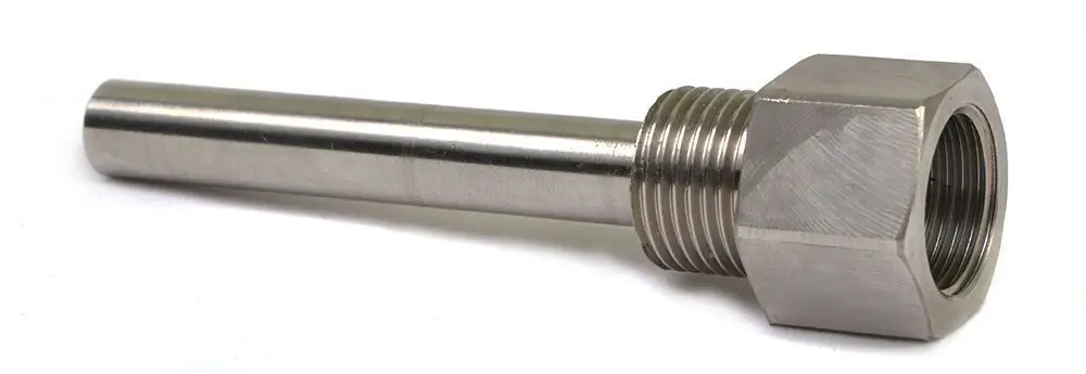 Edelstahl Tauchhülse mit einem zylindrischen Körper und einem gewindeadapter, geeignet für Danfoss Tauchfühler.