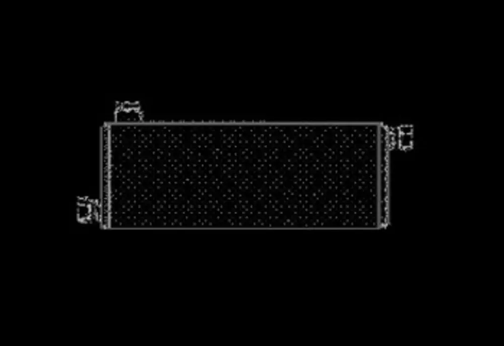 Danfoss Vorlagegefäß mit Anschluss für Stellantrieb, rechteckige Form mit flacher Ober- und Unterseite, in einem schlichten Design vor schwarzem Hintergrund.