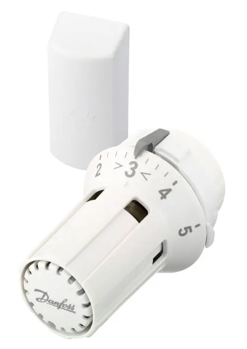 Danfoss Heizkörperthermostat mit verstellbarem Regler und Skala von 1 bis 5. Weißes Kunststoffdesign mit einem separaten Sensor.