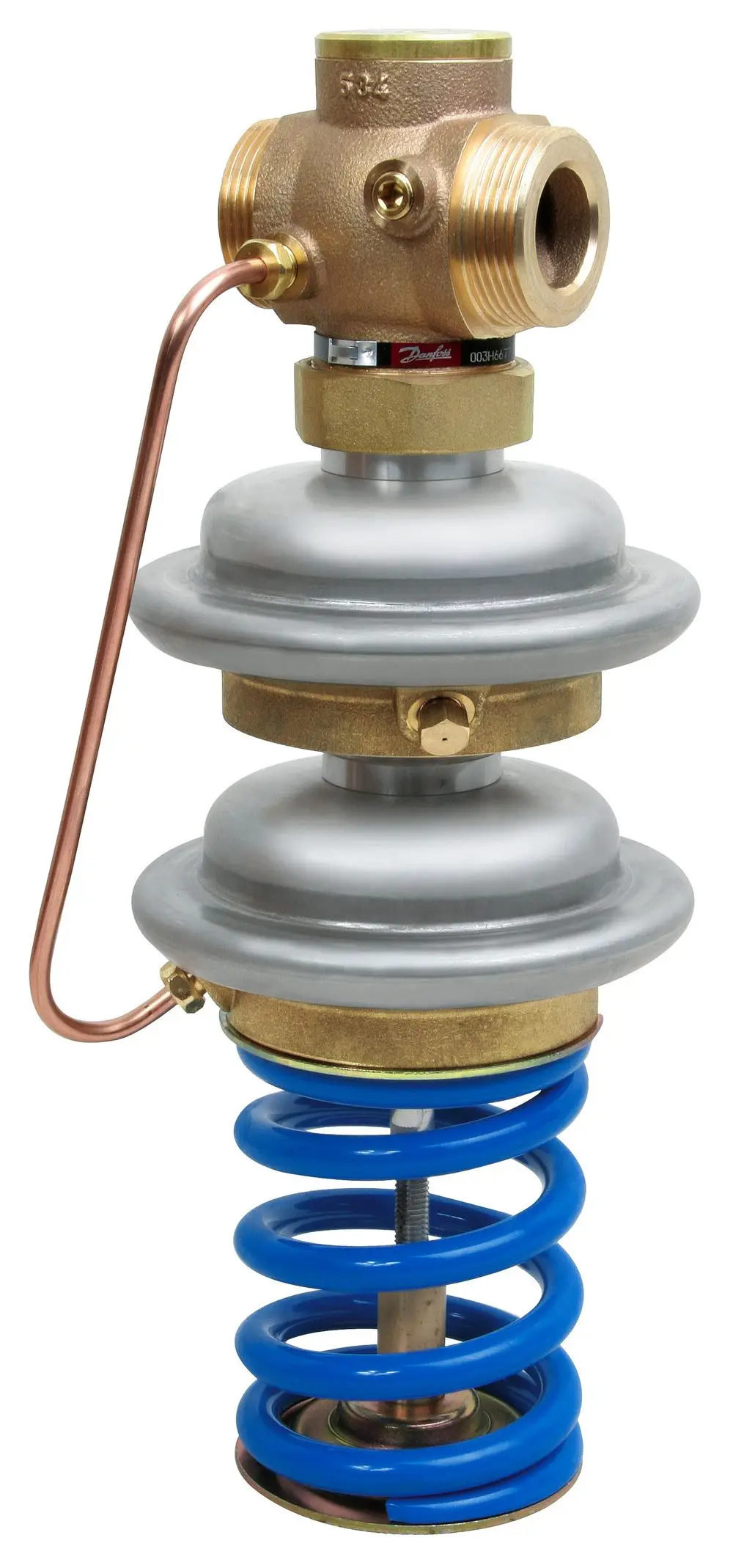 Sicherheitsüberströmventil von Danfoss mit kupfernem Anschlussrohr, Metall- und Gummikörper sowie blauer Spiralfeder. Design für Druckregulierung, in vertikaler Anordnung.