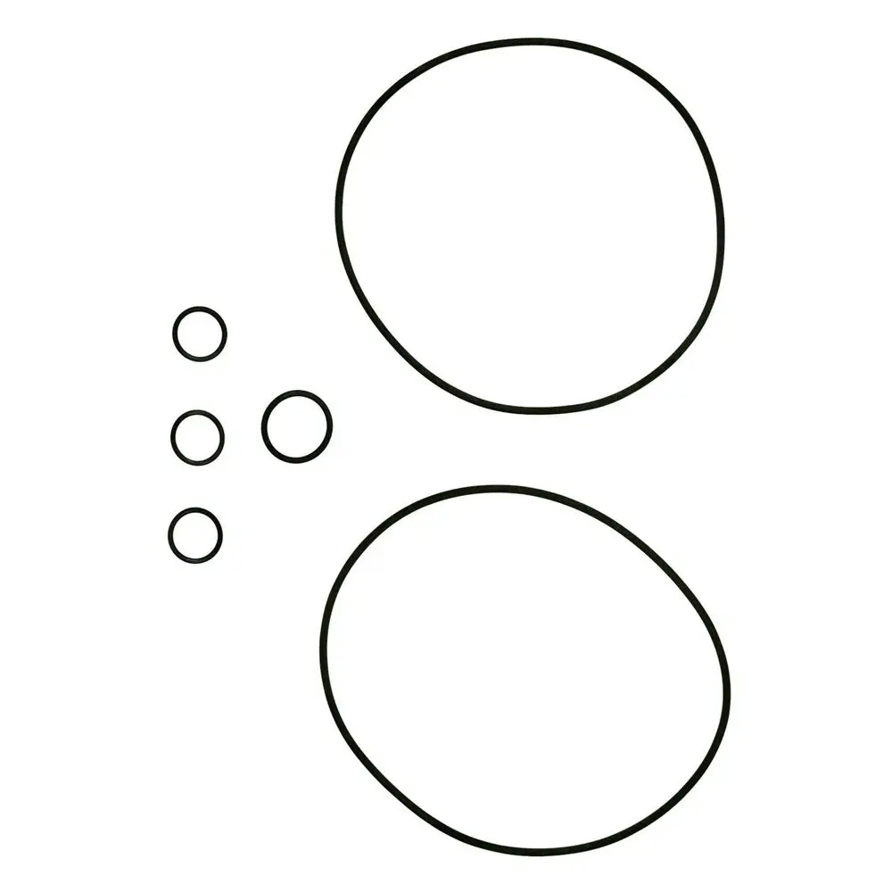 Grafische Darstellung von Dichtungen in verschiedenen Größen, möglicherweise für eine Grundfos-Pumpe. Enthält große und kleine ovale sowie runde Formen.